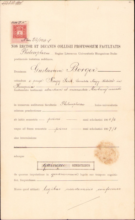 HST A1917 Certificat 1908 profesor Gustav Borger Sibiu Budapesta
