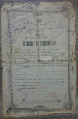 Certificat de nationalitate// Primaria Balti, 1926 foto