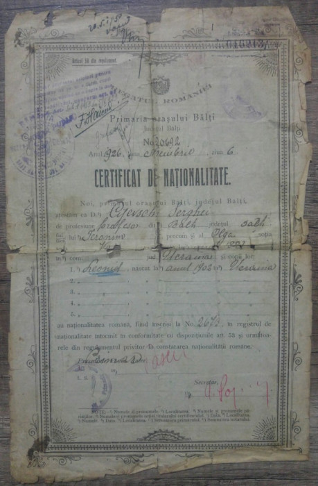 Certificat de nationalitate// Primaria Balti, 1926