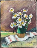 Lucrare / Tablou vechi / vas cu flori pe stergar romanesc / ulei pe carton / semnat / 23 x 18 cm / artist roman, arta romaneasca, de colectie