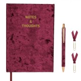 Set Birou, Notes &amp; Thoughts, 4 Bucăți, Copertă Catifelată, Roșu-Mov, Pix Roz Auriu, Agrafe Panglică 5cm