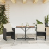 Set Bistro 3 Piese vidaXL, Negru, Poliratan, Perne включени, Masă Acacia 105 cm, Scaune Pliabile, Exterior Grădină/Balcon