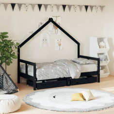 vidaXL Cadru de pat copii cu sertare, negru, 80x160 cm, lemn masiv pin