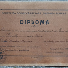 Diploma premiul II, Societatea Sciintifica-Literara Tinerimea Romana 1923