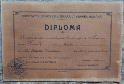 Diploma premiul II, Societatea Sciintifica-Literara Tinerimea Romana 1923 foto