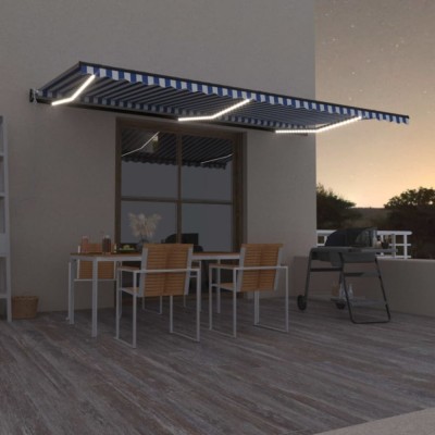 vidaXL Copertină automată cu senzor v&amp;acirc;nt&amp;amp;LED, albastru/alb, 600x300 cm foto