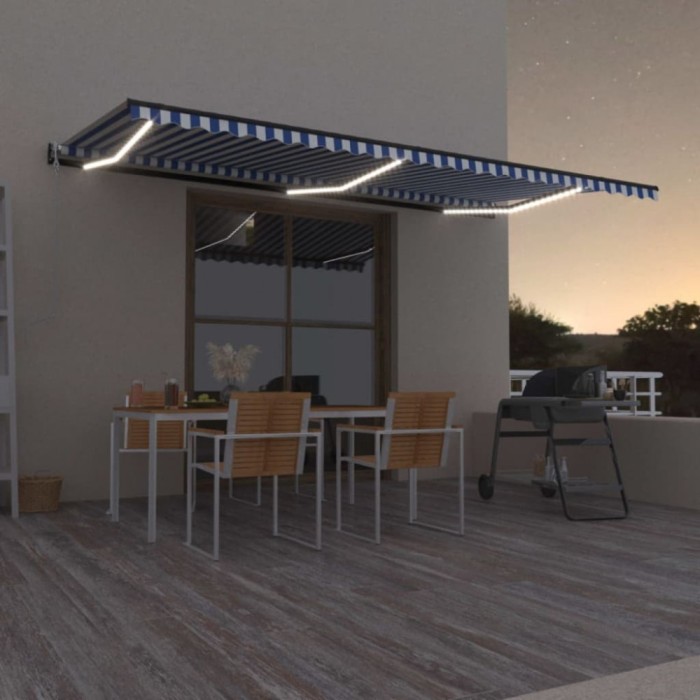 vidaXL Copertină automată cu senzor v&acirc;nt&amp;LED, albastru/alb, 600x300 cm