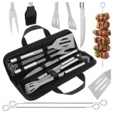 Cumpara ieftin Set 9 ustensile pentru gratar, otel inoxidabil silicon, husa depozitare inclusa, 38.5 x 11.5 x 5 cm, negru argintiu