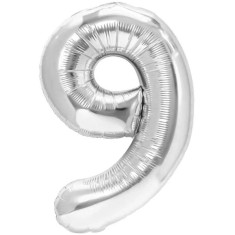 Balon din folie metalizata flippy, figurina cifra, tema aniversare 40 cm, ambalaj individual, pai inclus, umflare cu aer sau heliu, argintiu, cifra 9