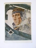Rară! Carte poș. de propagandă Germania nazistă ilustrator W.Willrich1940:O.Werner Molders(Asul de Pică),primul pilot care a atins 100 victorii