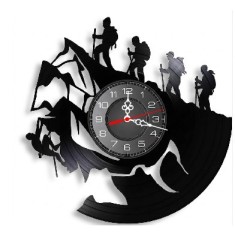 Ceas de perete decorativ, The Vinyl Clock, model Alpinism si Drumetie Montana, din disc de vinil, diametru 30 cm, Negru