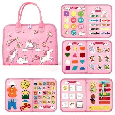 Carte senzoriala educativa montessori, flippy, dezvoltare abilitati motorii, 5 pagini, model unicorni, 28x22x7 cm, roz foto