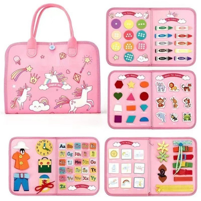 Carte senzoriala educativa montessori, flippy, dezvoltare abilitati motorii, 5 pagini, model unicorni, 28x22x7 cm, roz