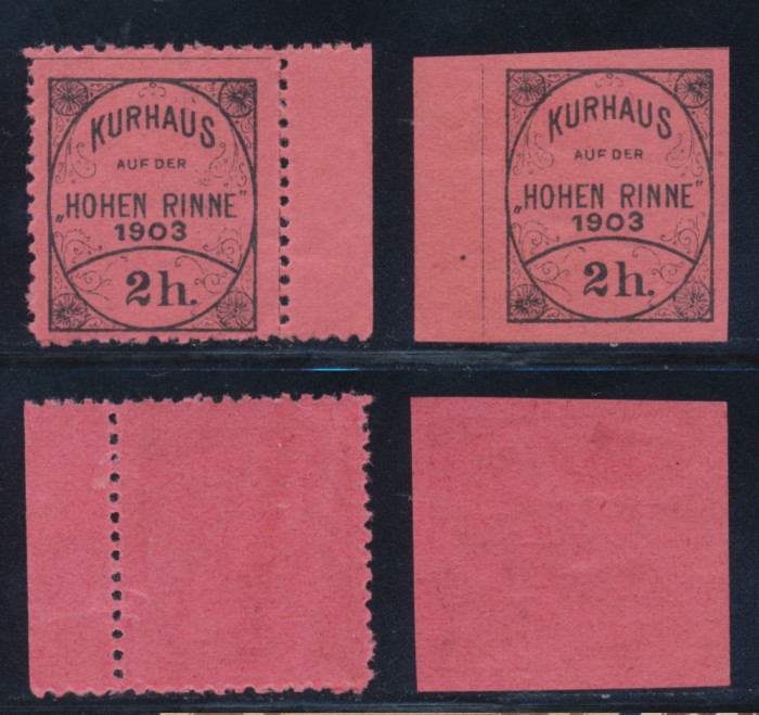 Posta locala Paltinis Hohe Rinne serie completa 2 timbre din 1903 2 heller dantelat si nedantelat MNH, ambele cu margini de coala