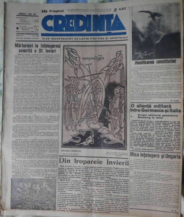 Ziarul Credinta, numar de Pastii, 1 mai 1937, ziar nationalist