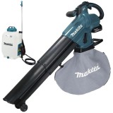 Makita DUB187T001 + DUS158Z - Suflanta de gradina cu 1 acumulator Li-Ion 18 V 5 Ah 252 m3/h motor fara perii + Pulverizator 5 bar 15 l