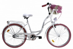 Bicicleta copii cu cos rachita Davi&amp;reg; Amelia, 1 viteze Roata 24&amp;quot;, 130-165 cm inaltime, Alb/Roz foto