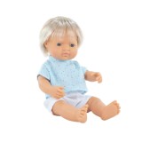 Papusa baiat caucazian blond 38 cm cu tricoul bleu, corp parfumat, colectia My, MINILAND