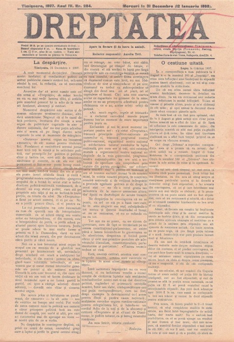 Z902N Ultimul număr al ziarului Dreptatea din Timișoara, 31 decembrie 1897/12 ianuarie 1898
