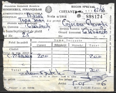 ROM&amp;Acirc;NIA 1986 - CHITANȚĂ - MINISTERUL FINANȚELOR - REPUBLICA SOCIALISTĂ ROM&amp;Acirc;NIA - ADMINISTRAȚIA FINANCIARĂ A JUDEȚULUI BACĂU - GLĂVĂNEȘTI (D2) foto