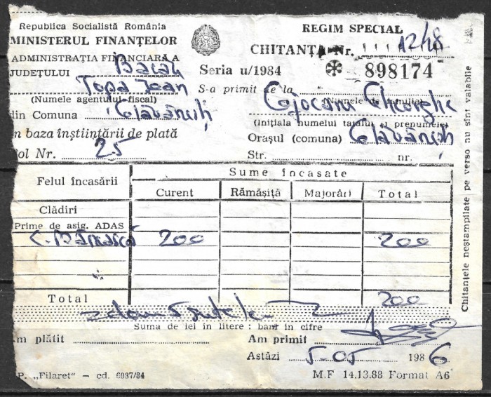 ROM&Acirc;NIA 1986 - CHITANȚĂ - MINISTERUL FINANȚELOR - REPUBLICA SOCIALISTĂ ROM&Acirc;NIA - ADMINISTRAȚIA FINANCIARĂ A JUDEȚULUI BACĂU - GLĂVĂNEȘTI (D2)