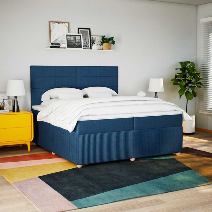 Pat box spring cu saltea, albastru, 200x200 cm, textil