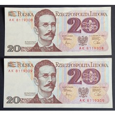 Polonia, 2 x 20 Zlotych 1982, UNC, Consecutive.