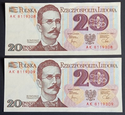 Polonia, 2 x 20 Zlotych 1982, UNC, Consecutive. foto