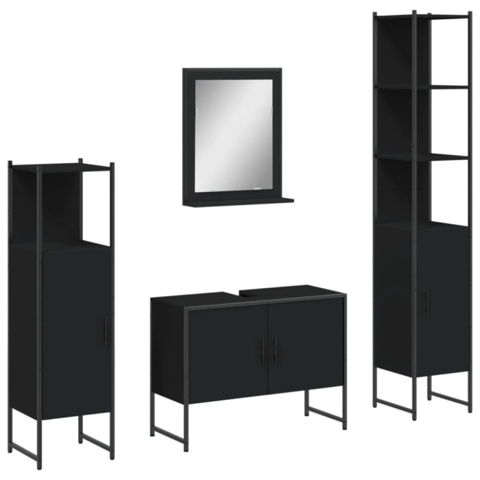 Set dulapuri de baie, 4 piese, negru, lemn prelucrat