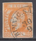 ROMANIA 1871 LP 31 REGELE CAROL I CU BARBA 10 BANI PORTOCALIU STAMPILAT RAMNICUL SARAT