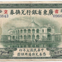 China Provincial Bank of Kwang Tung 10 Dollars 1918 STAMPILAT VF