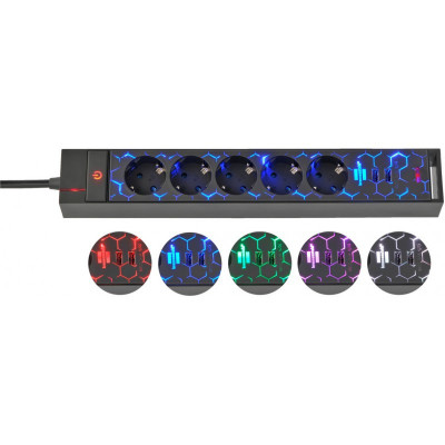 Prelungitor Brennenstuhl Gaming GSL 05 USB, 5 prize, 2 USB, 2.4A, Iluminare LED, 1,5m Buton On Off, Incarcare rapida foto