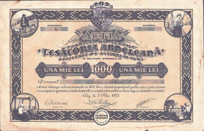 PM284N Acția Fabricei de textile Țesătoria Ardeleană din Cluj, 1923, pe numele lui Iuliu Albini, guvernatorul minelor de aur de la Zlatna foto