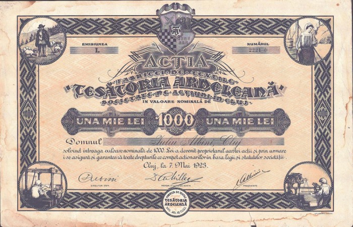 PM284N Acția Fabricei de textile Țesătoria Ardeleană din Cluj, 1923, pe numele lui Iuliu Albini, guvernatorul minelor de aur de la Zlatna
