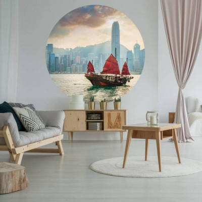 WallArt Tapet &amp;icirc;n formă de cerc Skyline with Junk Boat, 142,5 cm foto