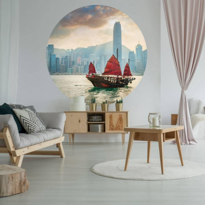 WallArt Tapet &icirc;n formă de cerc Skyline with Junk Boat, 142,5 cm