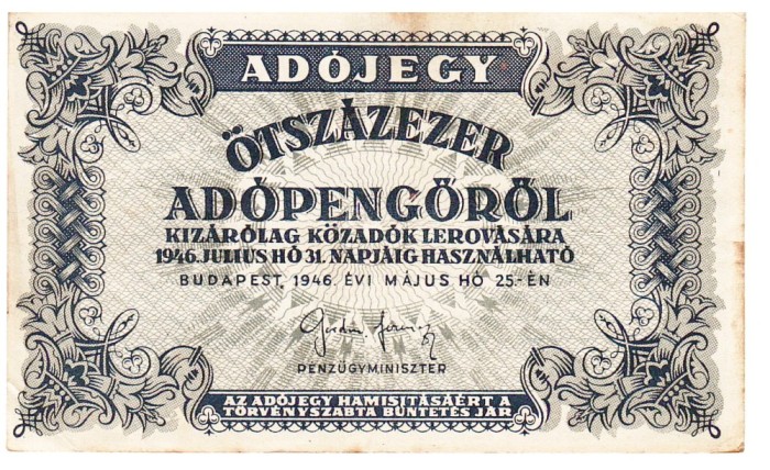 Ungaria 500 000 Otszazezer Adopengorol 1946 P-139 U15