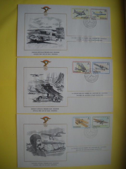 HOPCT PLIC FDC S NR 1006 SET 3 FDC- RHODEZIA AFRICA -ISTORIA AVIATIEI -FAI -FEDERATIA AERONAUTICA INTERNATIONALA 1978-AVION / AVIATIE