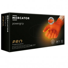 Set 50 bucati Manusi Mercator PowerGrip, Nitril, groase si rezistente, textura diamant, protectie la substante chimice, portocaliu, marimea XXL