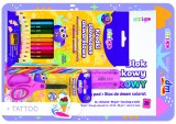 Set complet rechizite -Bloc A4 multicolor, rigla, foarfeca, creion curcubeu, creioane colorate acuarela, ascutitoare, 12 Tatuaje- KIT B4, Strigo