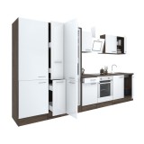Mobilier de bucătărie Yorki 360, corp din stejar Yorki, fațadă albă cu finisaj satinat, cu element inferior pentru cuptor, dulap cu rafturi și frigide