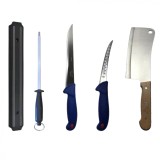 Cumpara ieftin Set profesional de macelarie, dezosat, transat, filetat, 2 cutite, otel carbon, masat pentru ascutit, satar, suport magnetic