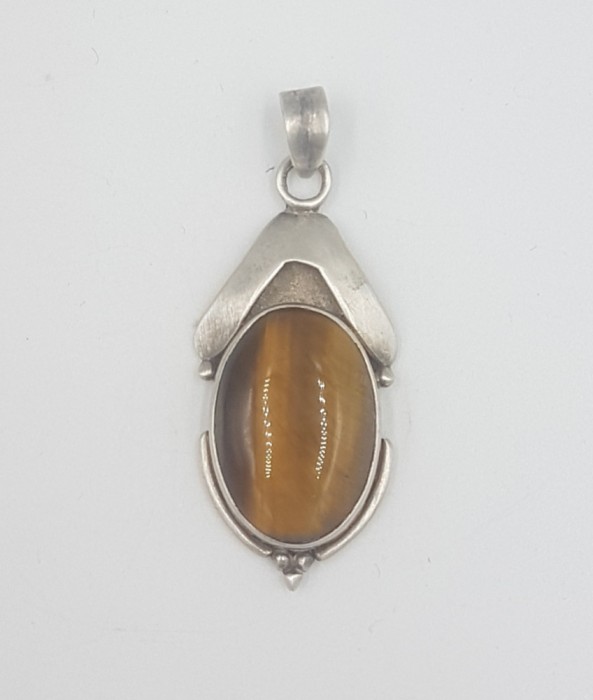 Superb pandantiv vintage art deco manufacturat din argint si agat ochi de tigru