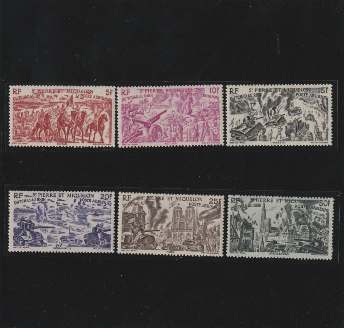 Saint Pierre et Miquelon , Colonii franceze 1946 - Omnibuse , Din Ciad la Rhin , serie 6 valori, dantelate , MNH , Mi.341-345