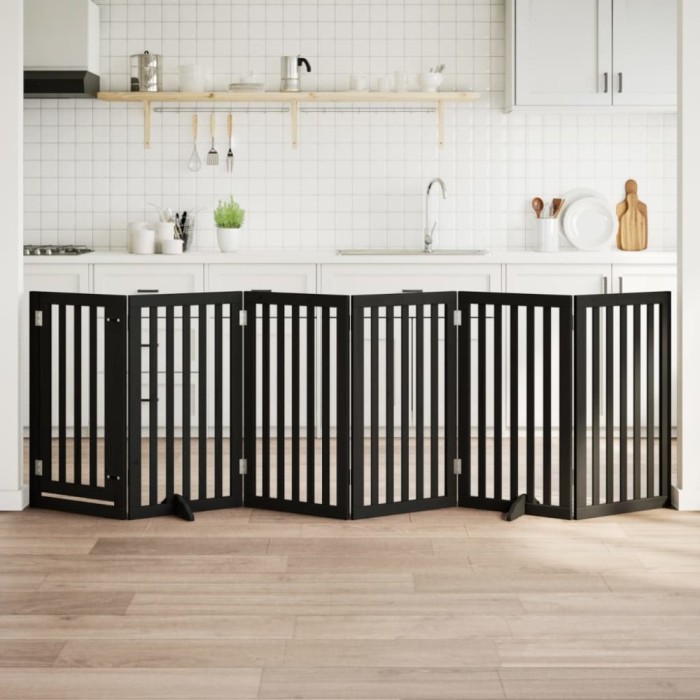 vidaXL Poartă c&acirc;ini pliabilă cu ușă 6 panouri negru, 300 cm, lemn plop 352255