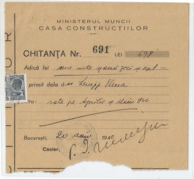 Romania, Ministerul Muncii, Casa Constructiilor, Chitanta, Bucuresti, 1941 foto