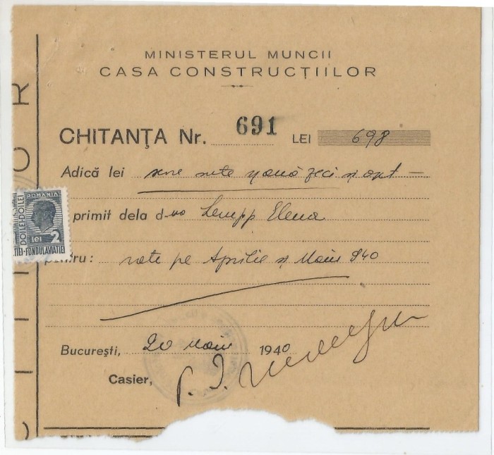 Romania, Ministerul Muncii, Casa Constructiilor, Chitanta, Bucuresti, 1941
