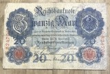BNKSTR03DE Bancnotă Veche Germania 20 Mark 1907 (Reichsbanknote), Perioada Imperială, Vulturul German, Colecție / Numismatică