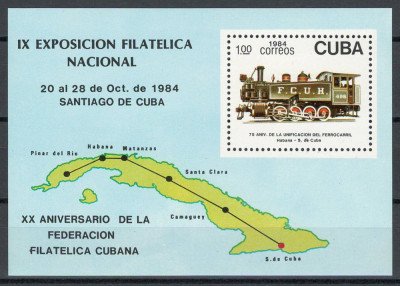 Cuba 1984 Mi 2898 bl 87 MNH - Exp nat de timbre, Santiago de Cuba: locomotive foto