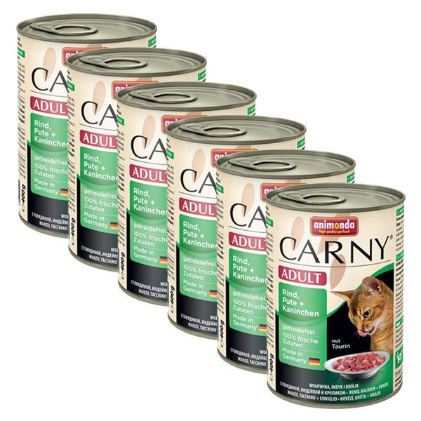 Hrană CARNY ADULT cu carne de vită, curcan şi carne de iepure - 6 x 400g